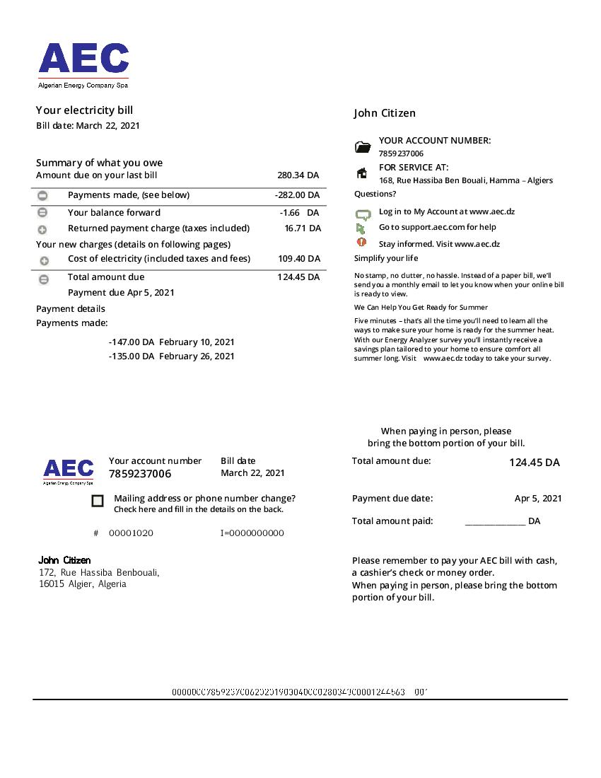 Algeria Energy Company utility bill