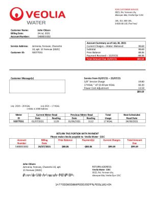Armenia Veolia Water utility bill