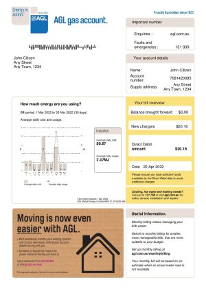 Australia AGL GAS utility bill 2 version