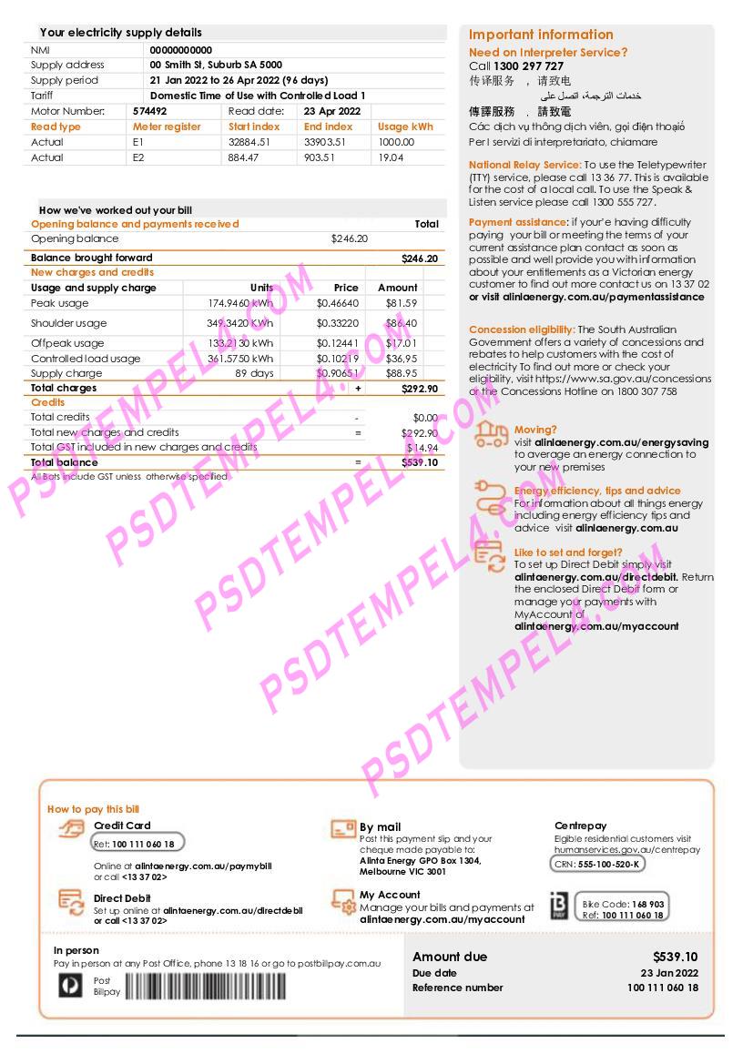 Australia Alinta energy electricity utility bill