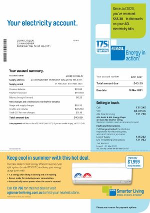 Australia Electricity AGL utility bill