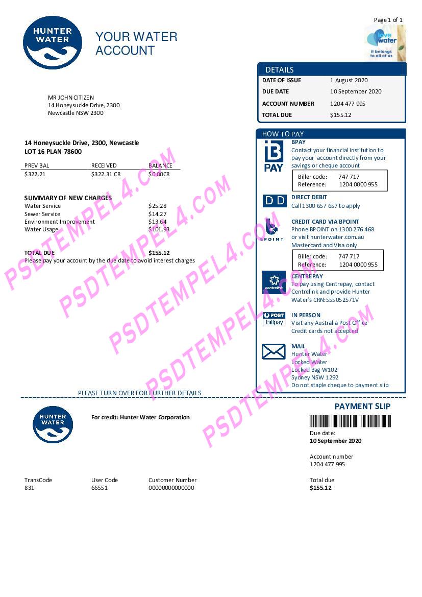 Australia Hunter Water utility bill