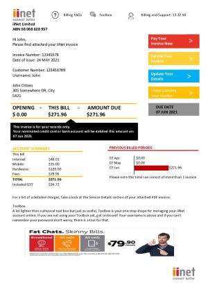 Australia iiNet utility bill