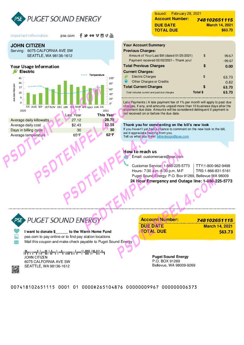 USA Washington Puget Sound Energy 2 pages utility bill