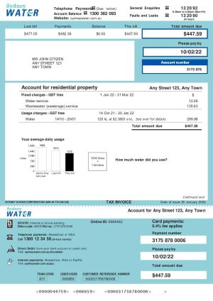 Australia Sydney Water 2 pages utility bill