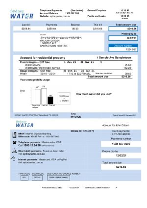 Australia Sydney Water V1 utility bill