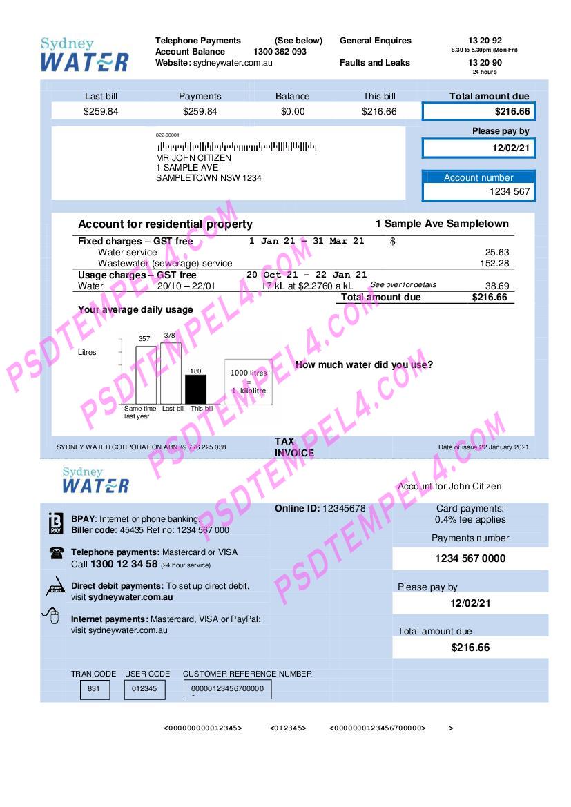 Australia Sydney Water V1 utility bill