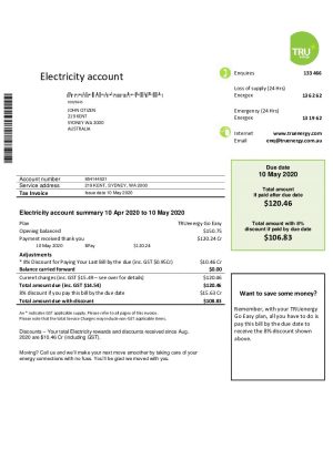 Australia Tru Energy electricity utility billAust