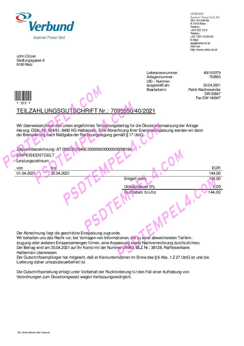 Austria Austrian Verbund Power utility bill