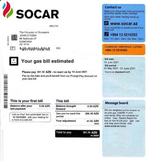 Azerbaijan Socar Gas psd utility bill