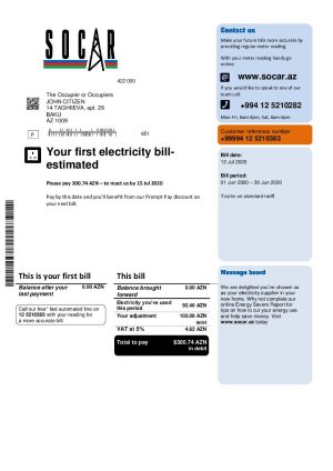 Azerbaijan Socar Gas utility bill