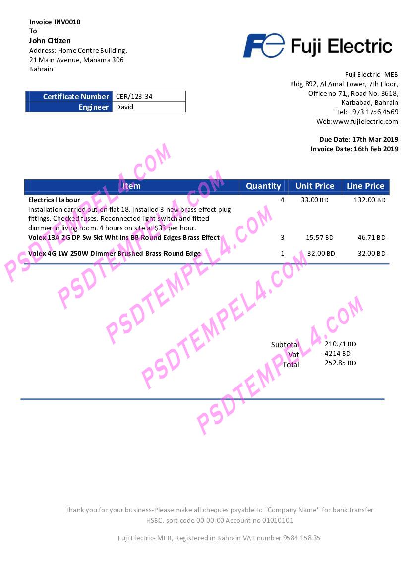 Bahrain Falcon Electrical S.P utility bill.C electricity