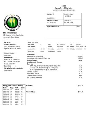 Belize Electricity Limited electricity bill