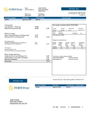 Canada British Columbia FortisBC gas utility bill