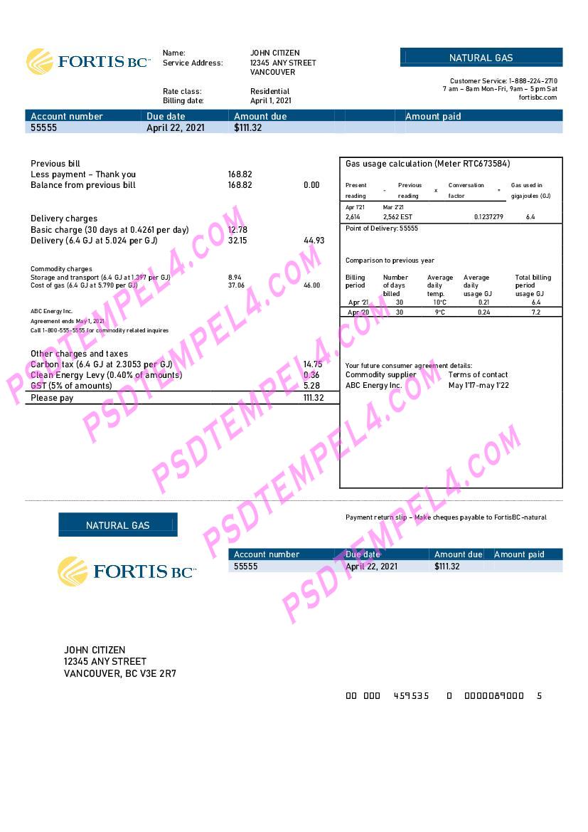 Canada British Columbia FortisBC gas utility bill