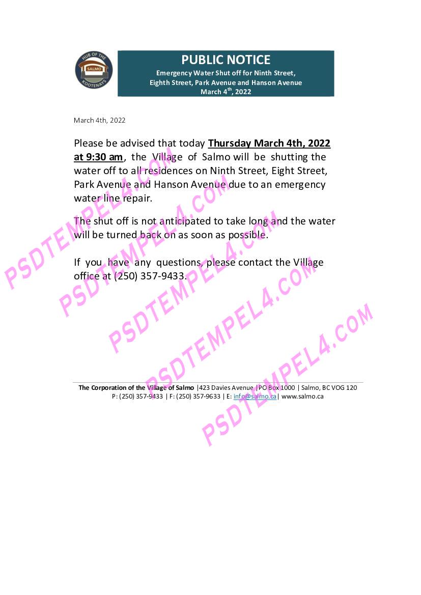 Canada British Columbia Hub of the Salmo Kootenays shut off notice utility bill