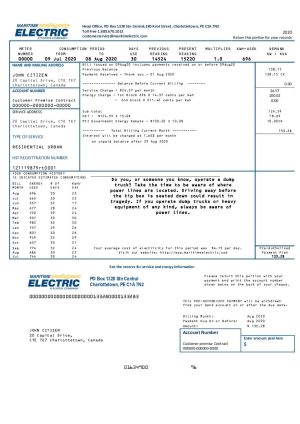 Canada Maritime Electric utility bill