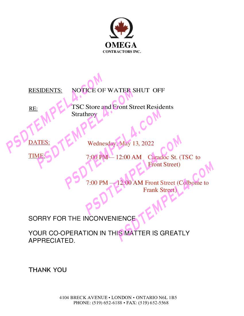 Canada Ontario Omega Contractors Inc utility bill. water shut off