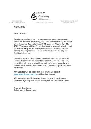 Canada Saskatchewan Town of Strasbourg water shut off utility bill