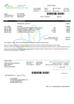 Canada british columbia city of vancouver utility bill