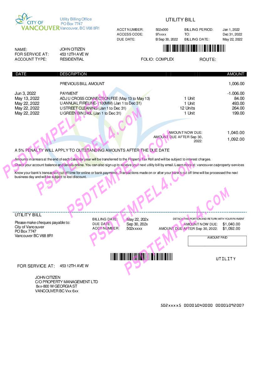 Canada british columbia city of vancouver utility bill