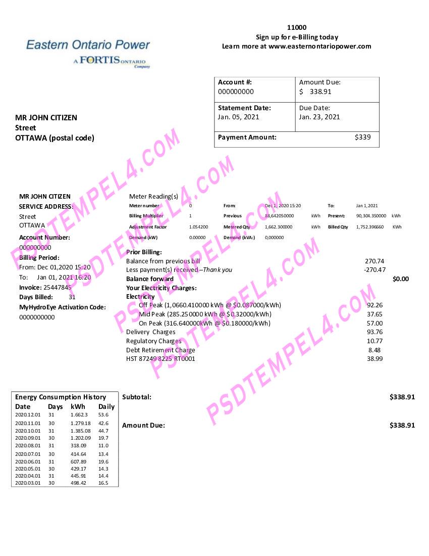 Canada eastern ontario power utility bill