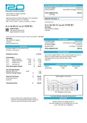 Colombia i2O Water utility bill