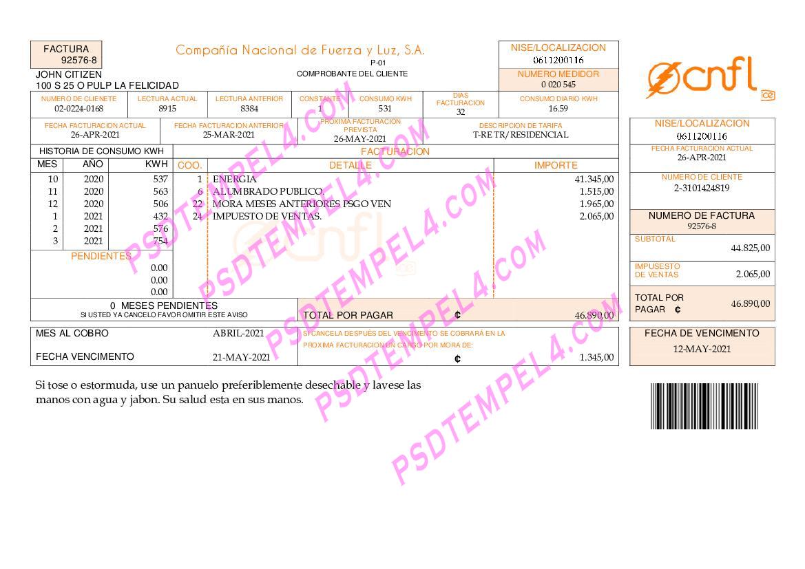 Costa Rica Compania Nacional de Fuerza y Luz S.A. CNFL utility bill