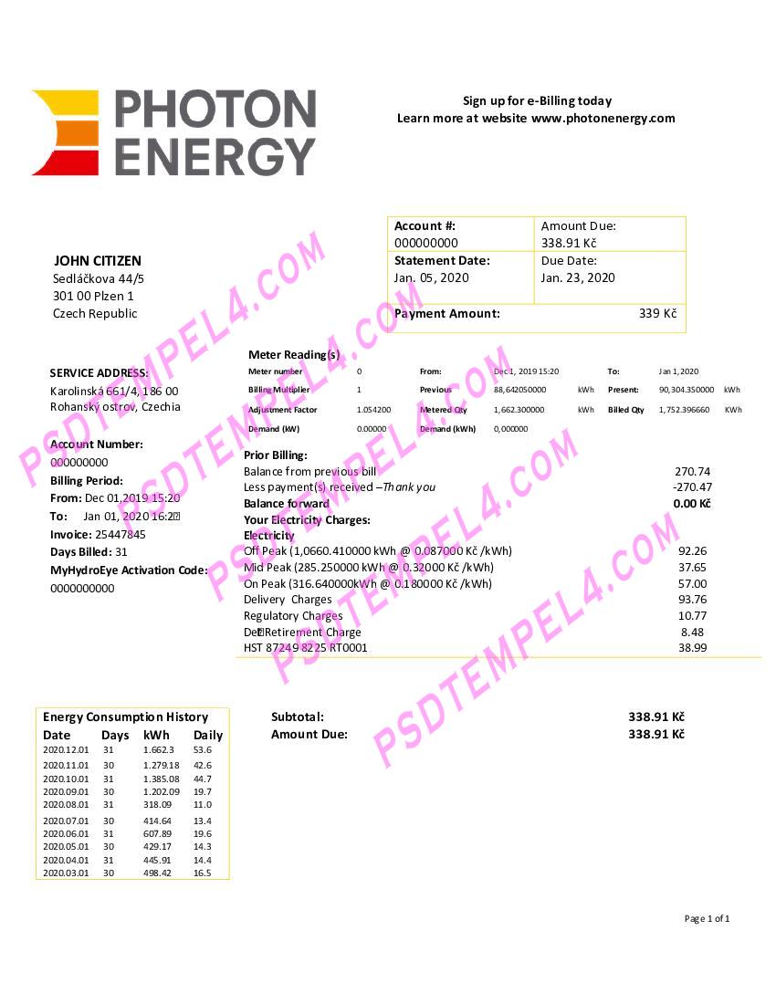 Czech Republic Photon Energy utility bill