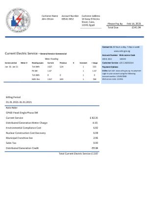 Egypt Egyptian Electricity utility bill