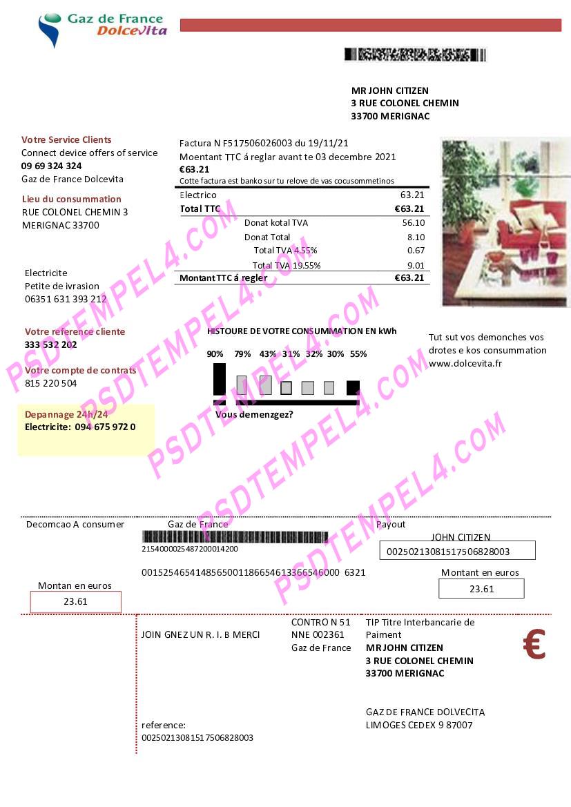 France Gaz de France Dolcevita utility billFran
