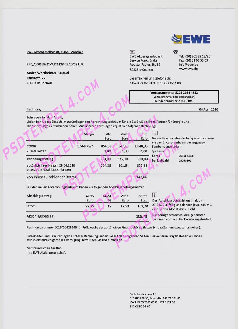 Germany EWE PSD utility bill