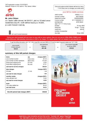 India Airtel telecommunication services utility billInd
