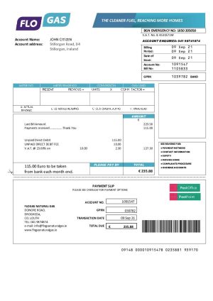 Ireland Flogas Natural Gas utility billIre