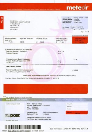 Ireland Meteor utility bill
