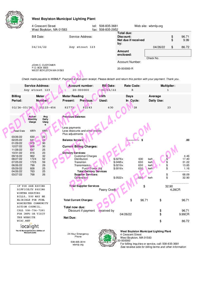 USA Utility Bill West Boylston sample