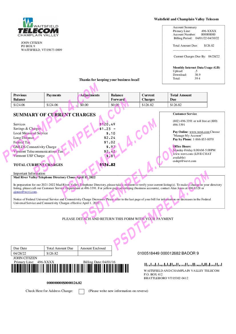 USA Waitsfield Telecom utility bill