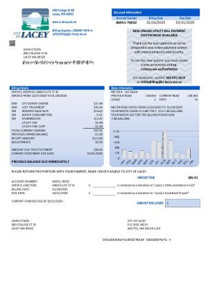 USA Washington City of Lacey water utility bill