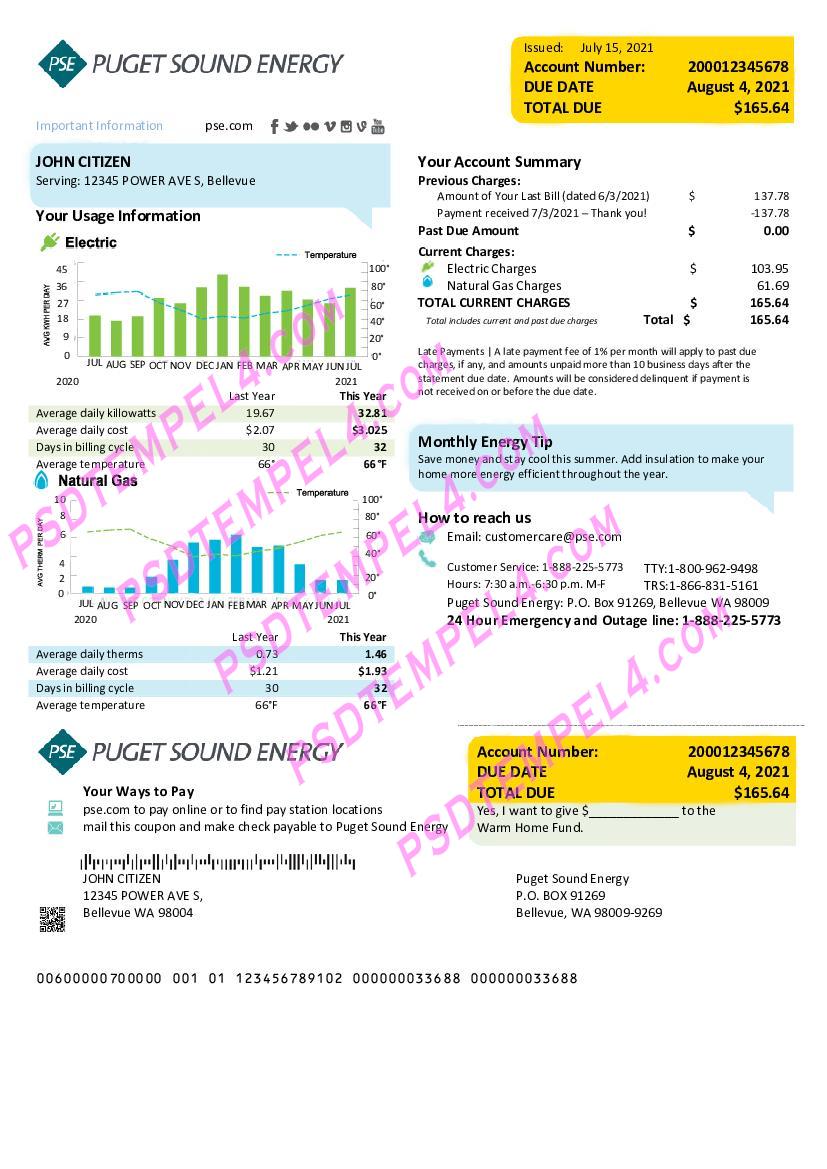 USA Washington Puget Sound Energy utility bill
