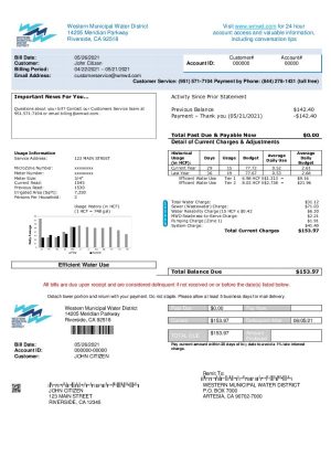 USA Western Municipal Water District utility bill