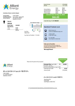 USA Wisconsin Alliant Energy electricity utility bill
