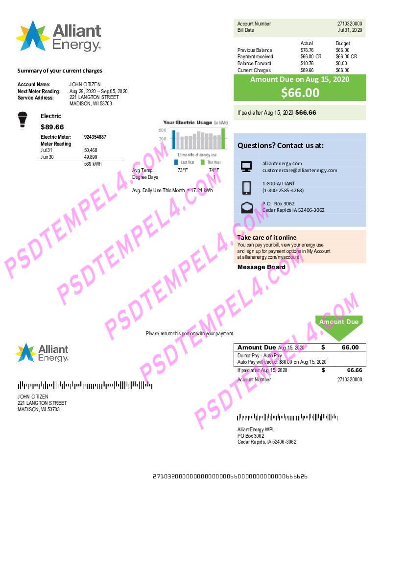 USA Wisconsin Alliant Energy electricity utility bill