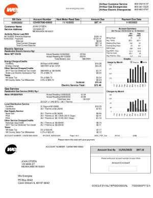 USA Wisconsin We Energies electricity utility bill