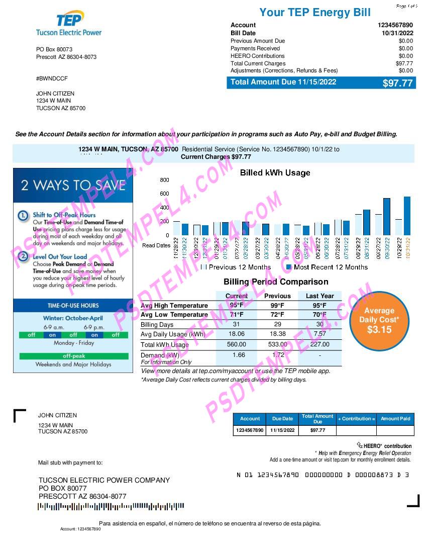 USA Arizona Tucson electric power TEP utility bill 2pages