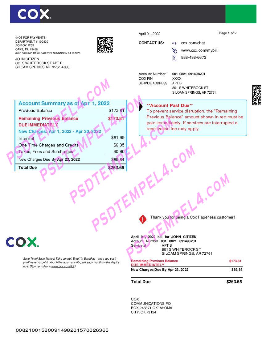 USA COX digital cable television utility bill 2 pages