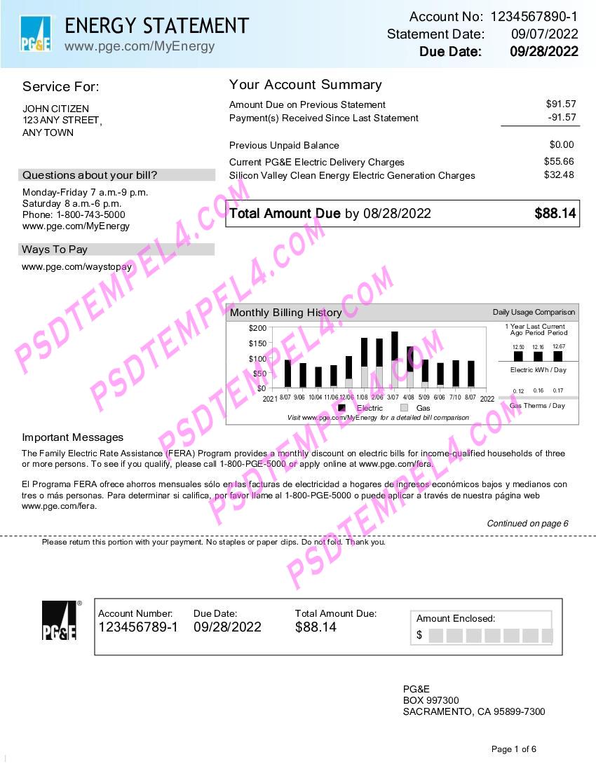 USA California PGE Pacific Gas and Electric Company 6 pages utility bill