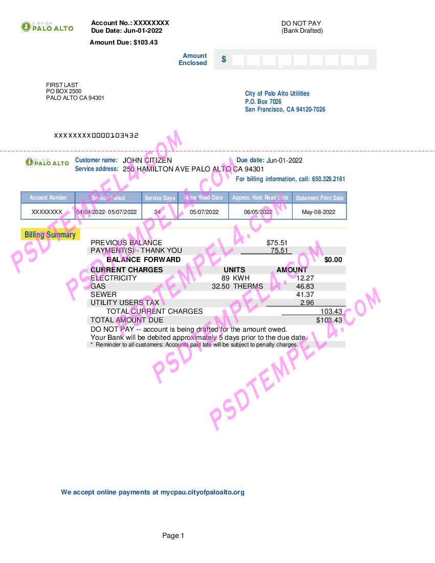 USA California Palo Alto ut utility bill 2pages