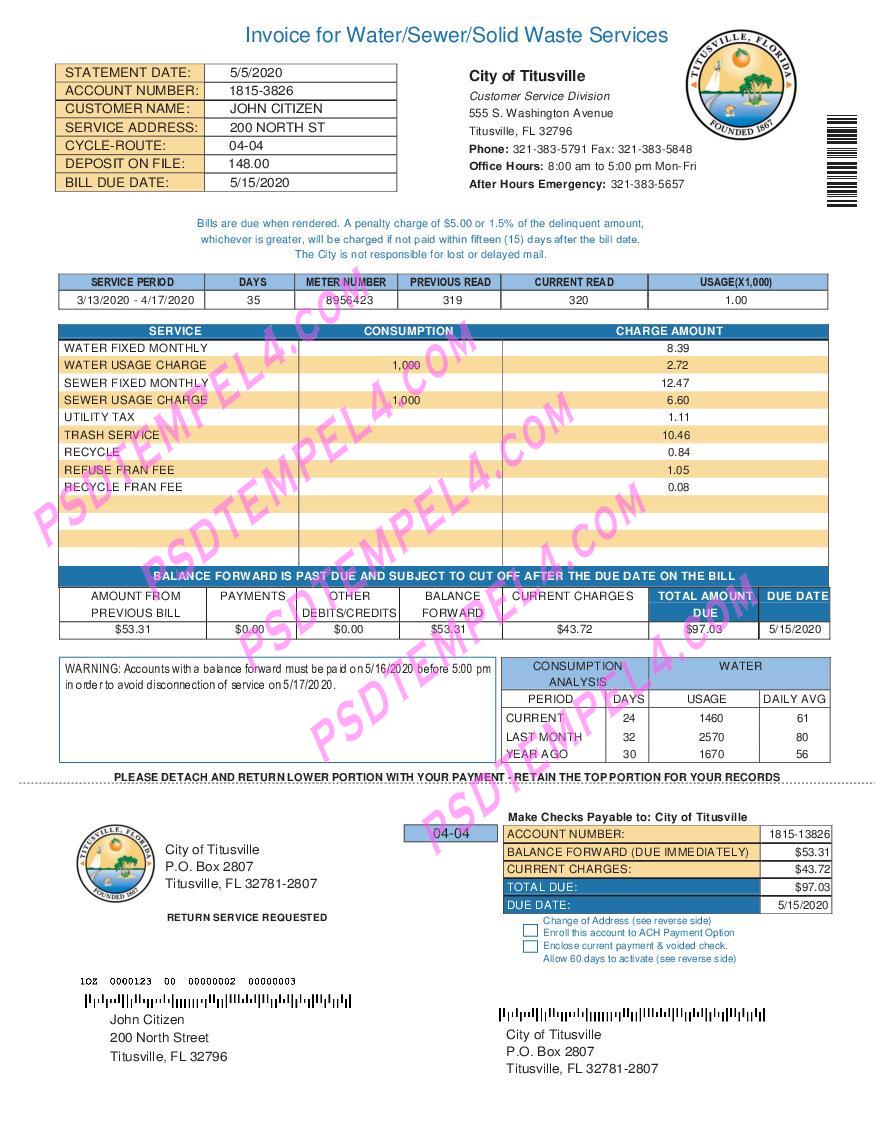 USA City of Titusville Florida utility bill 2pages