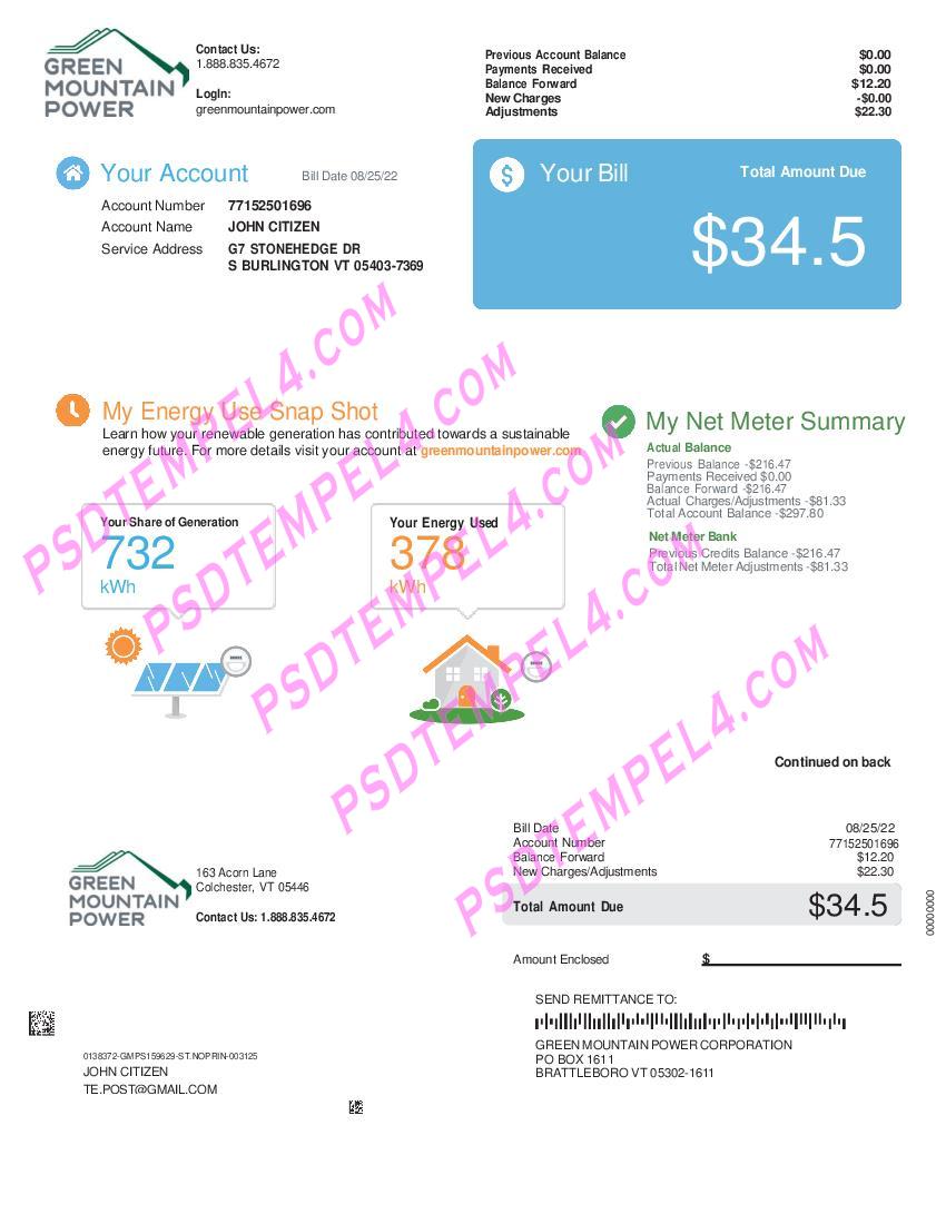 USA Colchester Vermont Green Mountain Power utility bill 2Pages