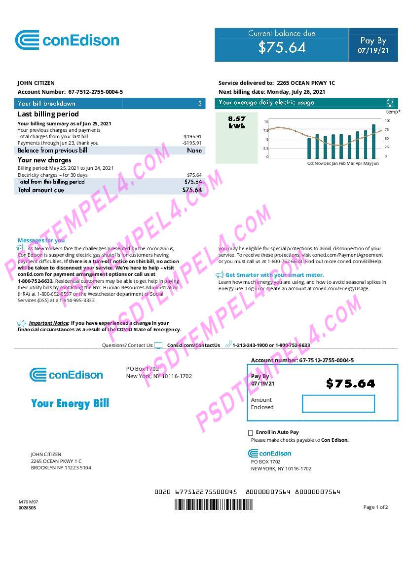 USA Con Edison utility bill 2pages